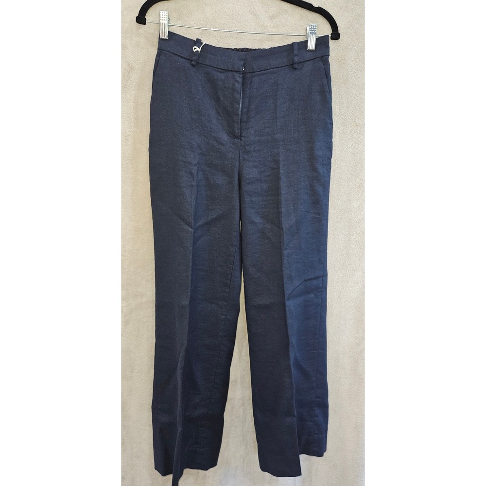 Quince Navy Blue Linen Blend Straight Leg Trousers Elastic Back Waist Pockets